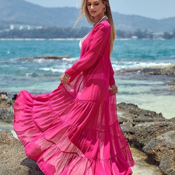 Pink Boho Womens Ruffle Hem Sheer Mesh Kimono - Picture 4 of 5